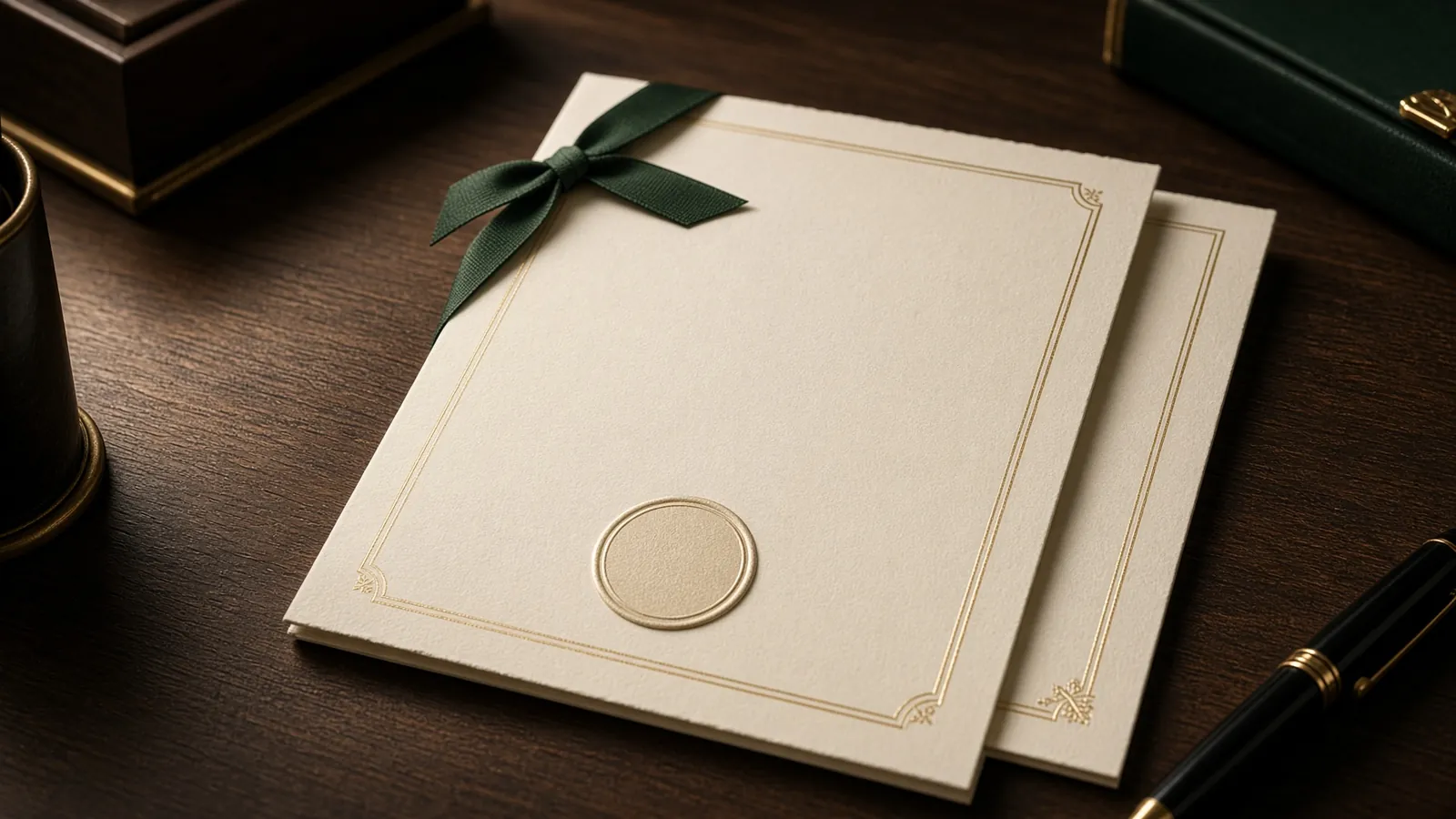 Documento oficial com selo de apostila, carimbo redondo e fita verde sobre uma mesa, ilustrando a apostila de Haia