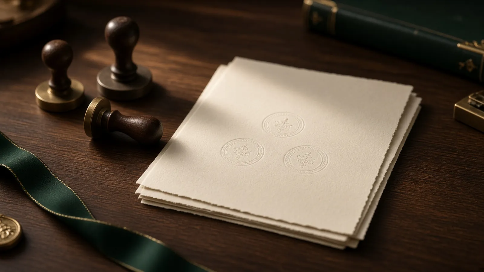 Pilha de documentos oficiais com vários carimbos redondos e fita verde, ilustrando o apostilamento de documentos estrangeiros