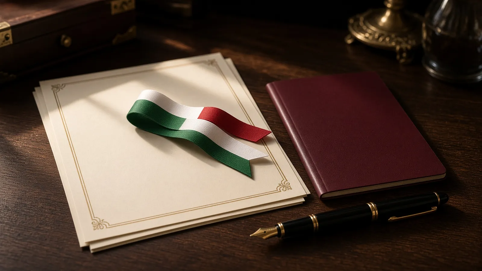 Documentos oficiais com fita nas cores verde, branco e vermelho e um passaporte, ilustrando quem tem direito à cidadania italiana