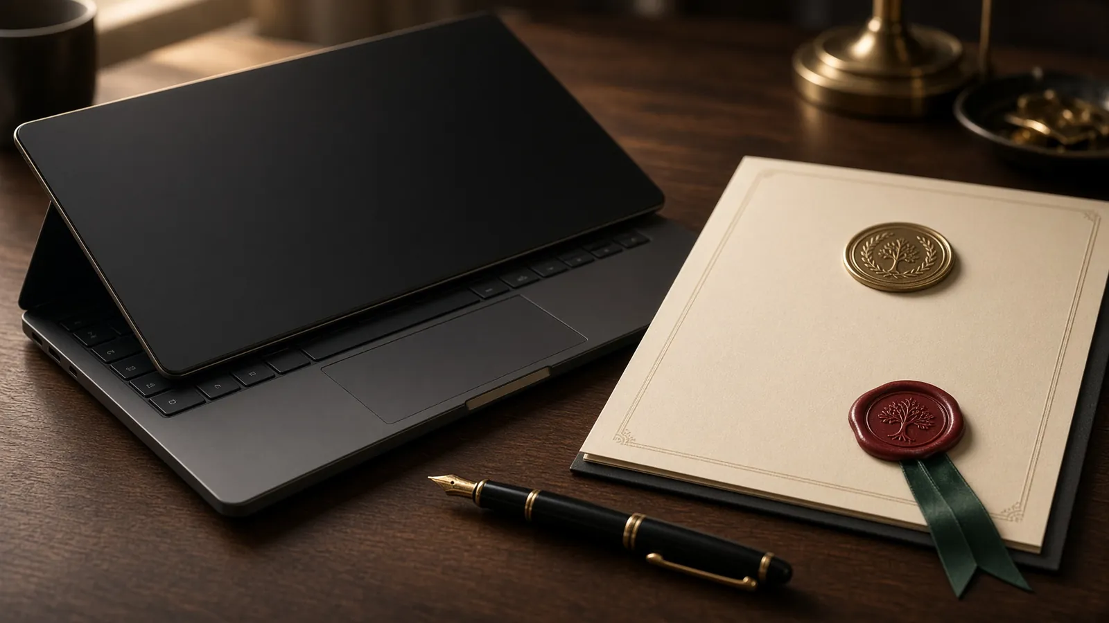 Notebook com a tela apagada ao lado de um documento carimbado e selo de cera, ilustrando a tradução juramentada online