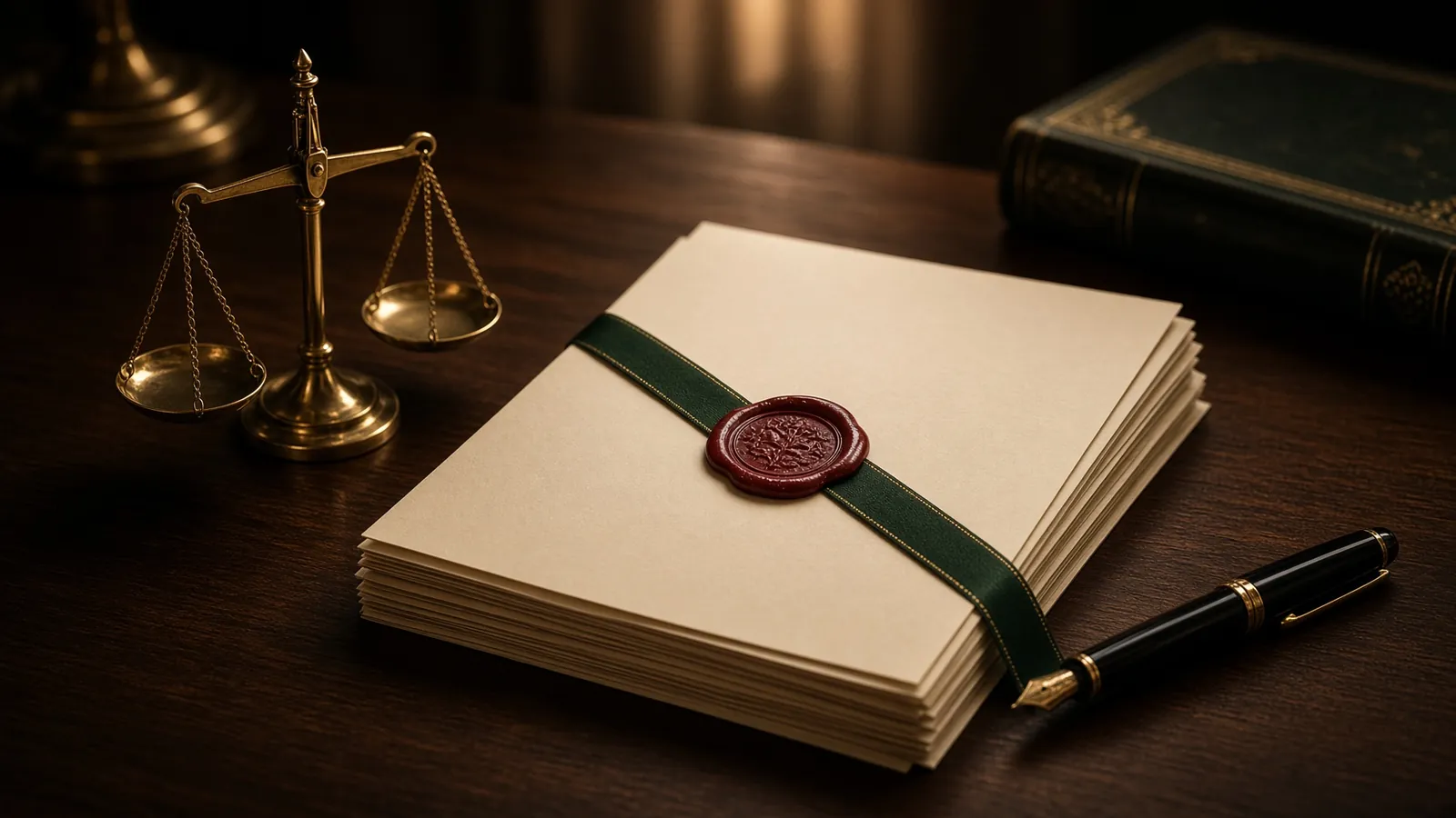 Pilha de documentos oficiais ao lado de uma balança de bronze e uma caneta, ilustrando o preço da tradução juramentada