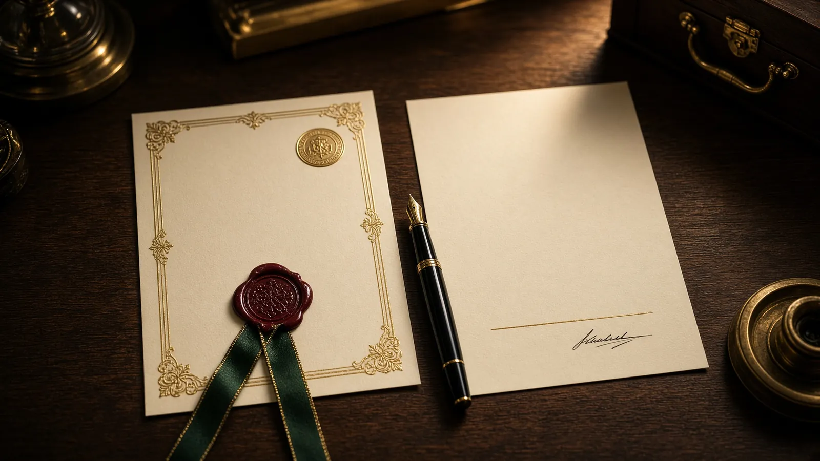 Dois documentos lado a lado, um com selo de cera e fita verde e outro mais simples com assinatura, ilustrando tradução juramentada e tradução certificada