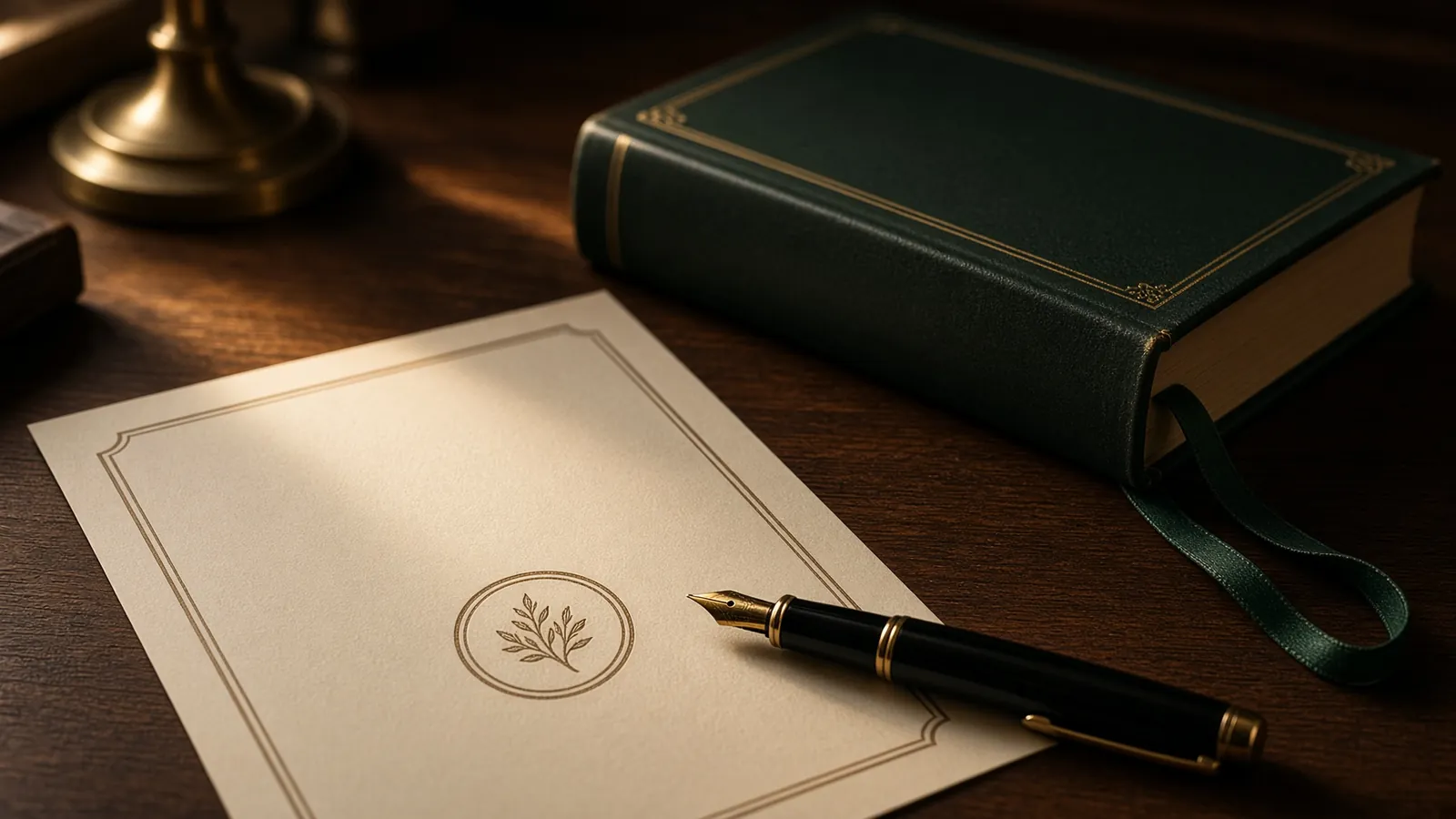 Documento oficial com carimbo, caneta-tinteiro e um livro encadernado, ilustrando o tradutor juramentado de inglês